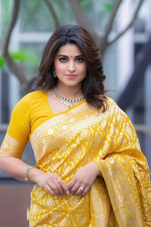 Load image into Gallery viewer, Jazzy Yellow Soft Silk Saree With Embellished Blouse Piece
