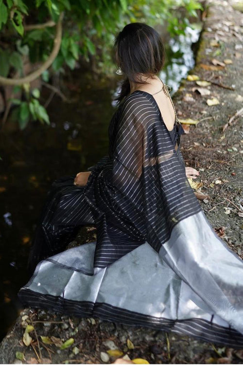 Load image into Gallery viewer, Intricate Black Soft Silk Saree With Whimsical Blouse Piece
