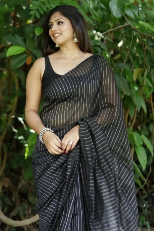 Load image into Gallery viewer, Intricate Black Soft Silk Saree With Whimsical Blouse Piece
