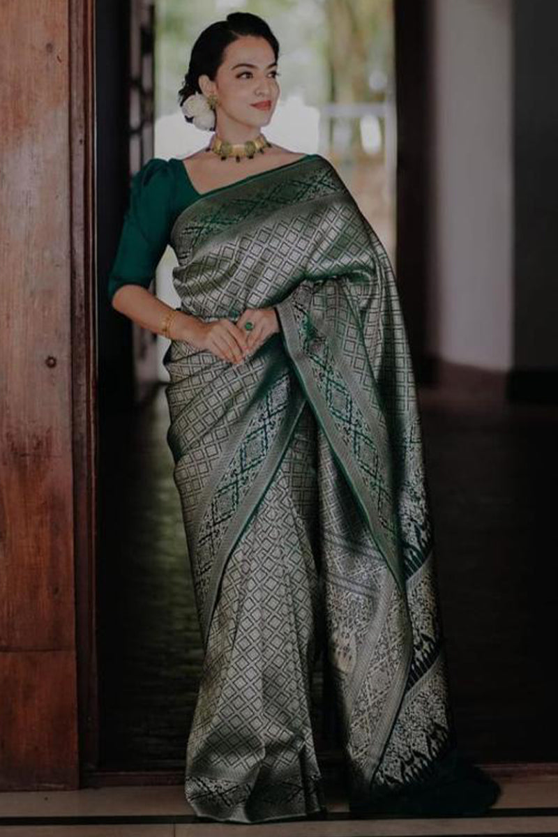 Fragrant Green Soft Silk Saree With Profuse Blouse Piece