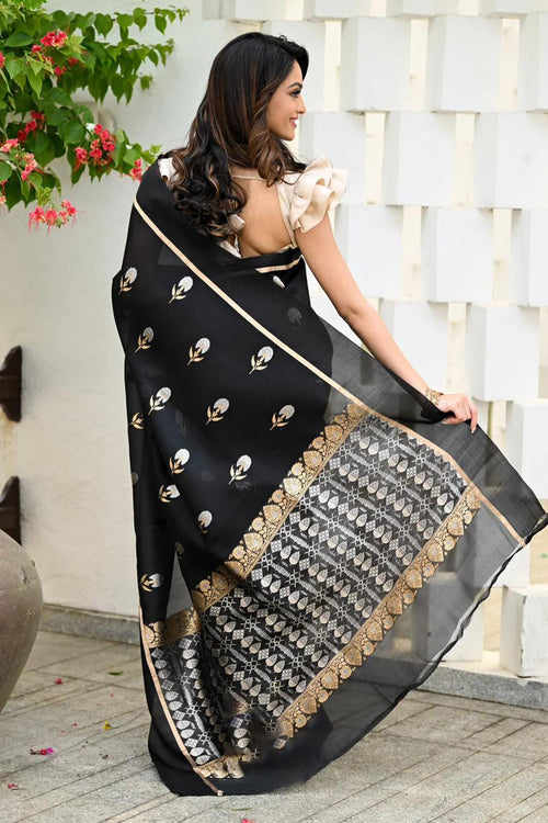 Load image into Gallery viewer, Elision Black Soft Silk Saree With Assemblage Blouse Piece
