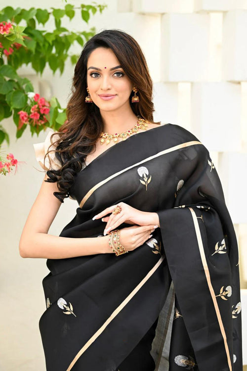 Load image into Gallery viewer, Elision Black Soft Silk Saree With Assemblage Blouse Piece
