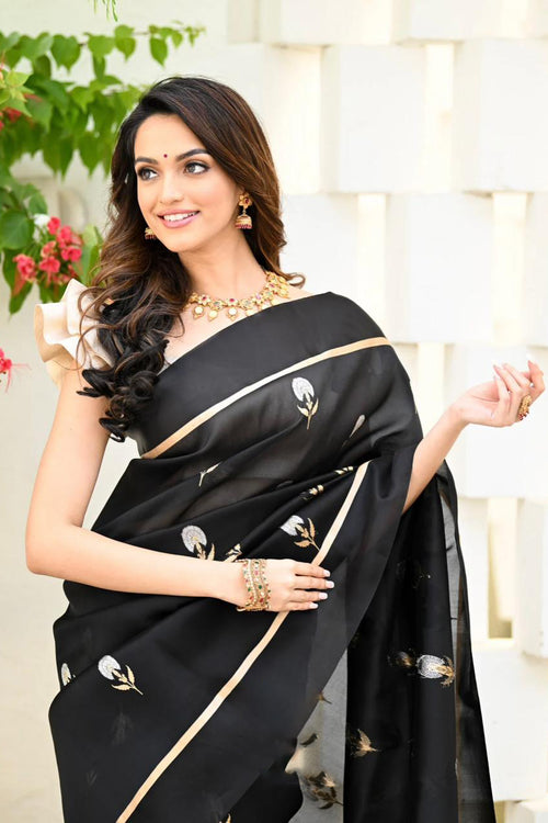 Load image into Gallery viewer, Elision Black Soft Silk Saree With Assemblage Blouse Piece
