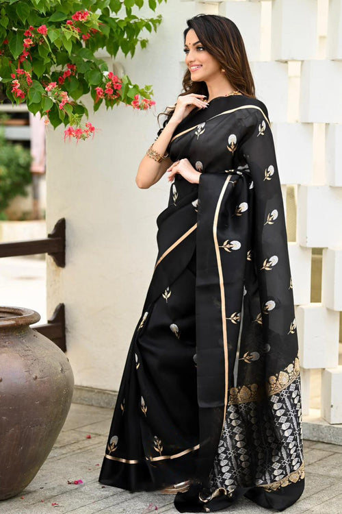 Load image into Gallery viewer, Elision Black Soft Silk Saree With Assemblage Blouse Piece
