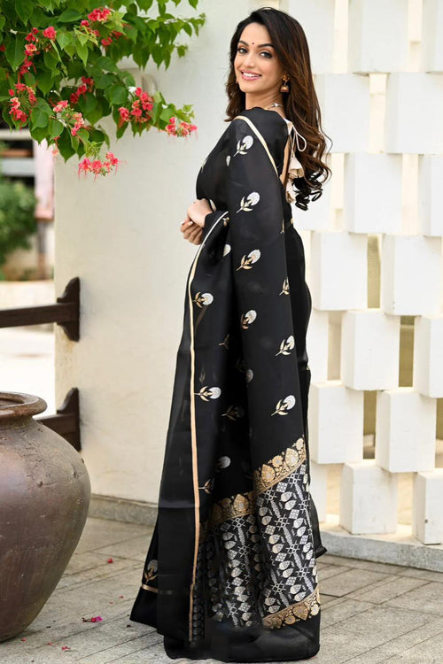 Load image into Gallery viewer, Elision Black Soft Silk Saree With Assemblage Blouse Piece
