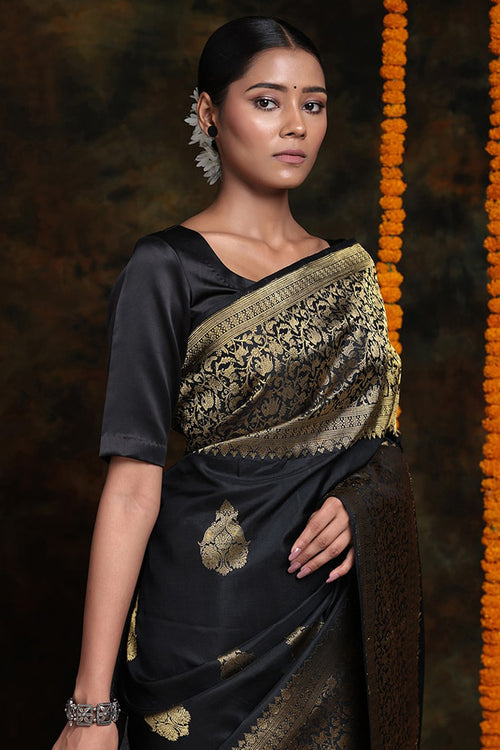 Load image into Gallery viewer, Beautiful Black Soft Silk Saree With Alluring Blouse Piece
