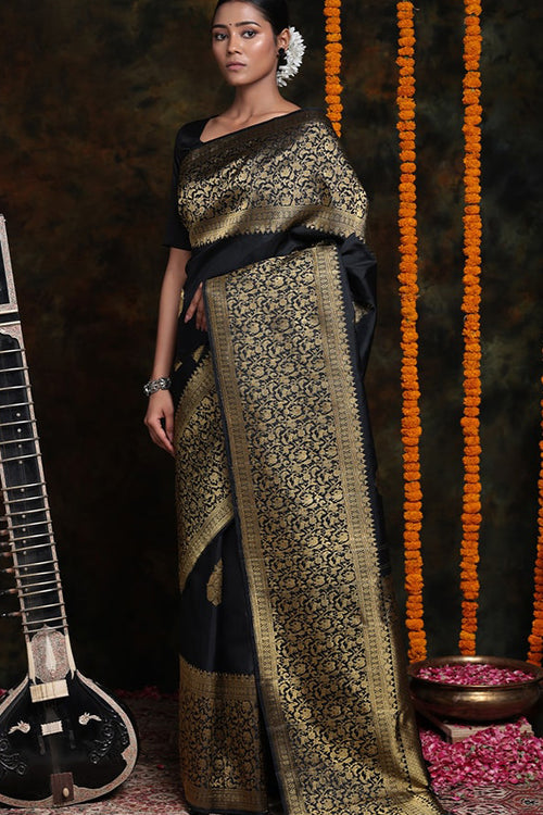 Load image into Gallery viewer, Beautiful Black Soft Silk Saree With Alluring Blouse Piece
