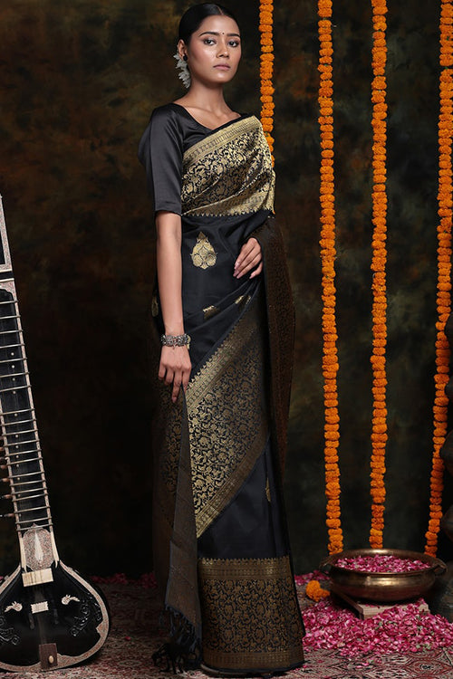 Load image into Gallery viewer, Beautiful Black Soft Silk Saree With Alluring Blouse Piece
