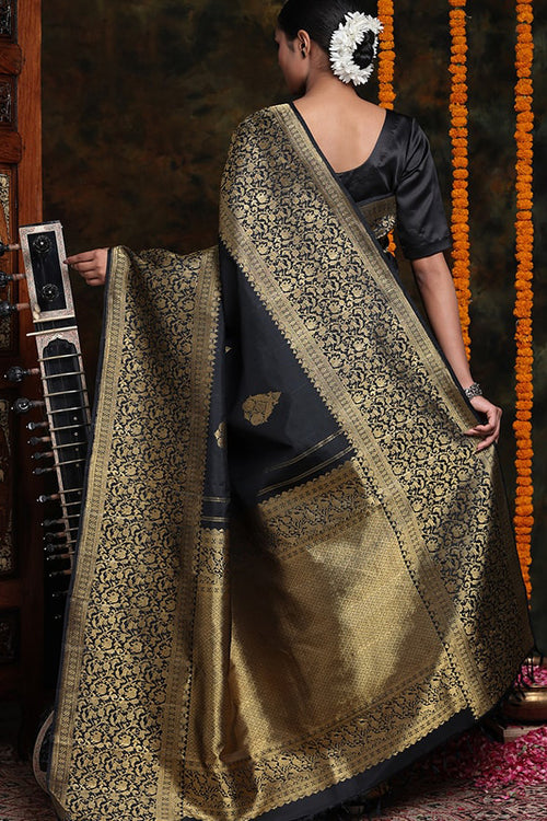 Load image into Gallery viewer, Beautiful Black Soft Silk Saree With Alluring Blouse Piece
