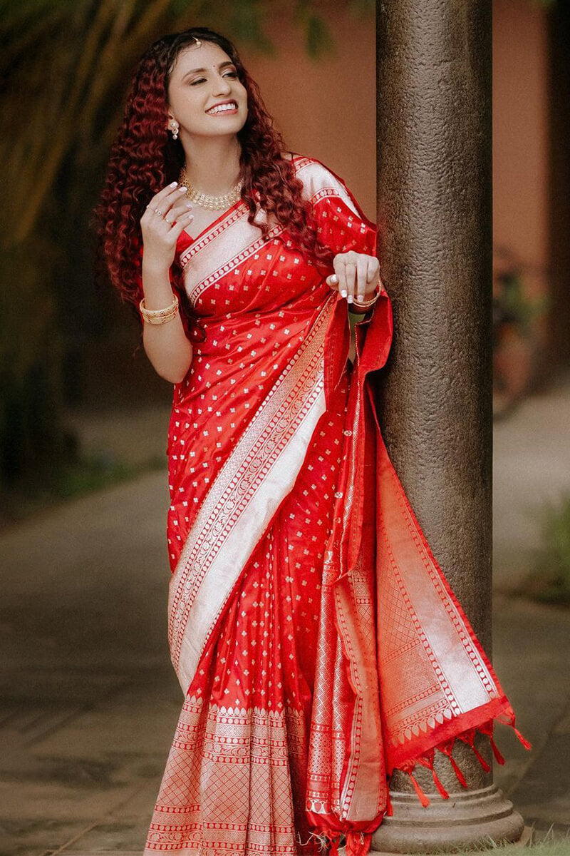 Intricate Red Soft Silk Saree With Delightful Blouse Piece