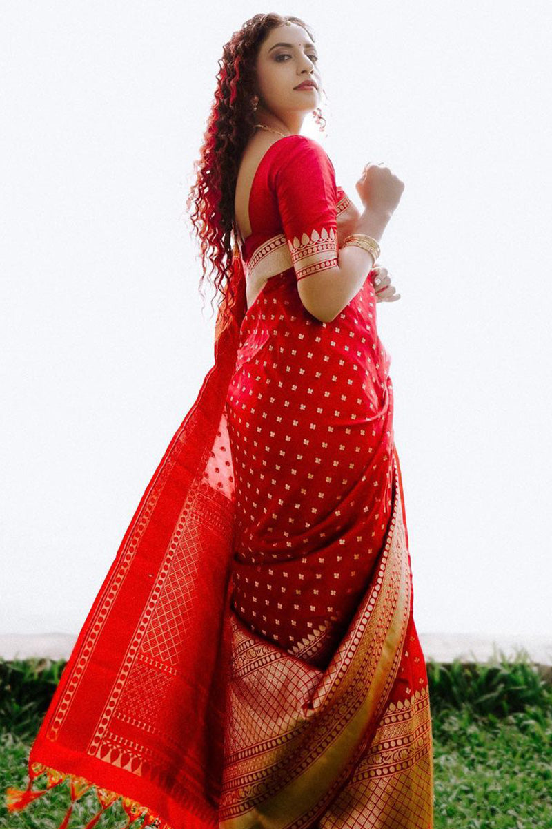 Intricate Red Soft Silk Saree With Delightful Blouse Piece