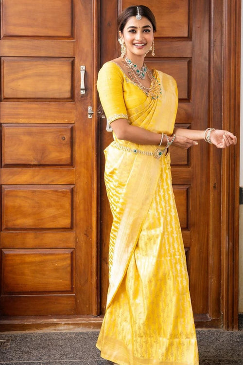 Load image into Gallery viewer, Stunner Yellow Soft Silk Saree With Preferable Blouse Piece
