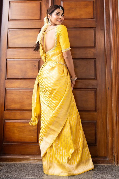 Load image into Gallery viewer, Stunner Yellow Soft Silk Saree With Preferable Blouse Piece
