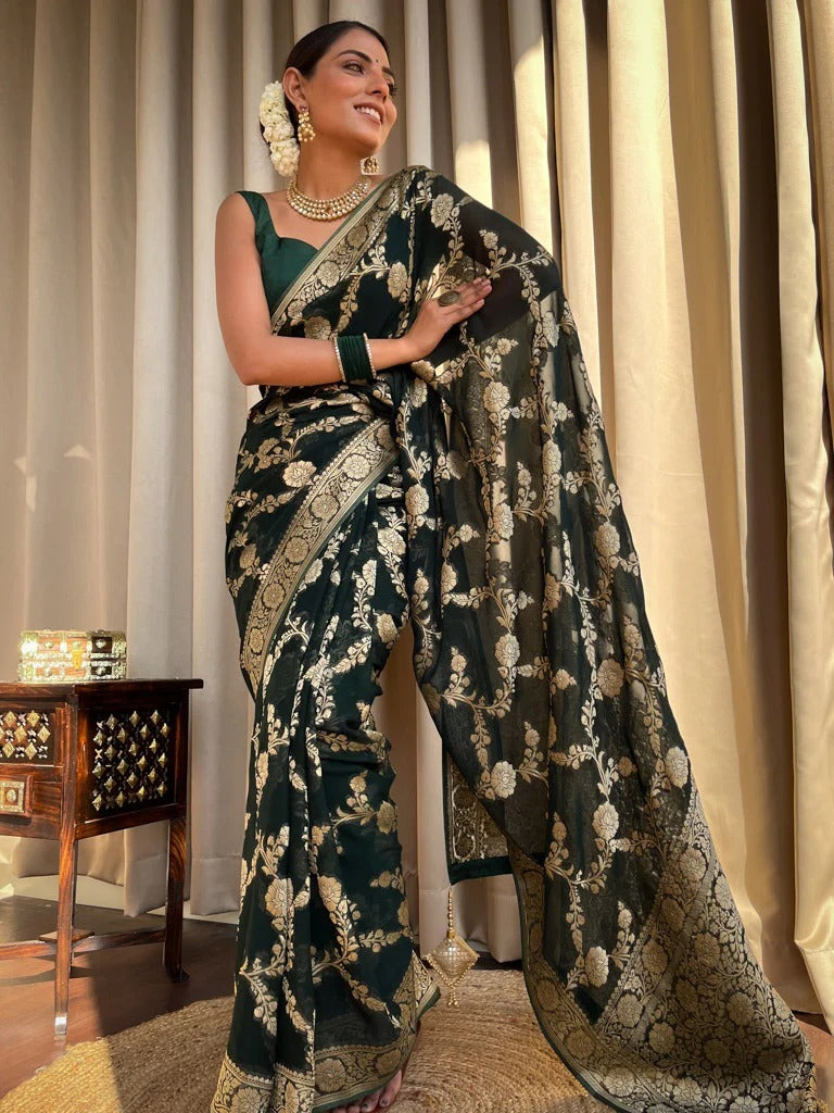 Ethnic Dark Green Soft Silk Saree With Unique Blouse Piece