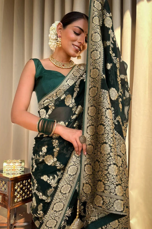 Load image into Gallery viewer, Ethnic Dark Green Soft Silk Saree With Unique Blouse Piece
