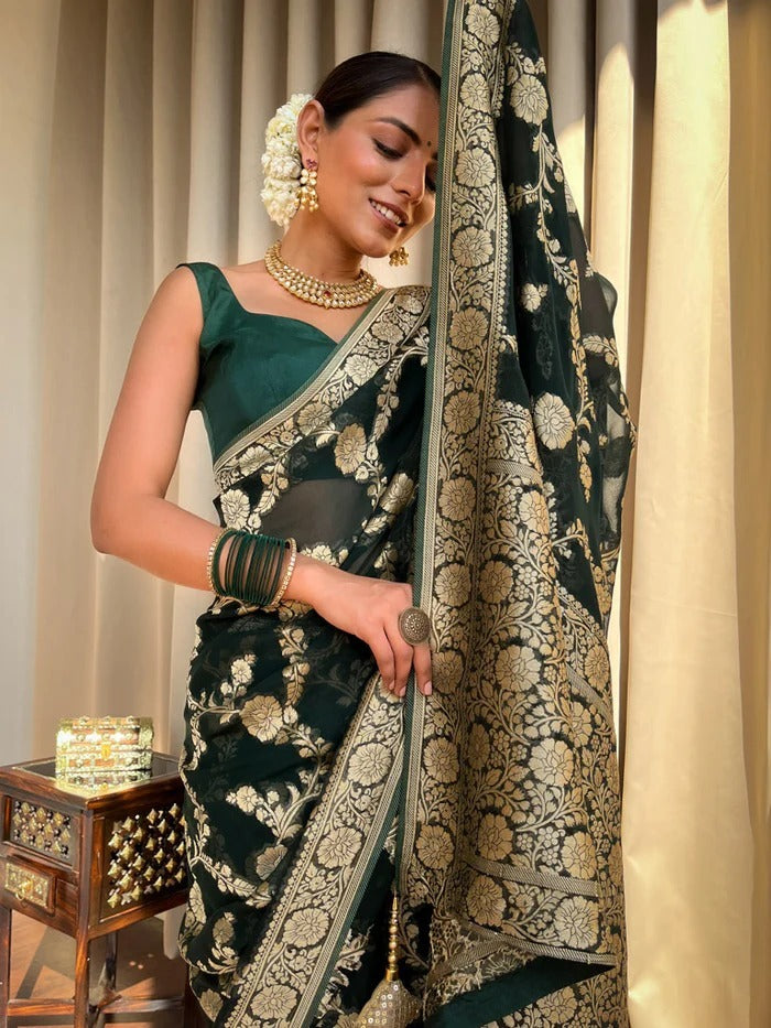 Ethnic Dark Green Soft Silk Saree With Unique Blouse Piece