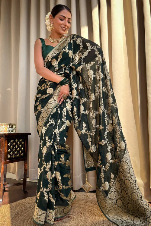 Load image into Gallery viewer, Ethnic Dark Green Soft Silk Saree With Unique Blouse Piece
