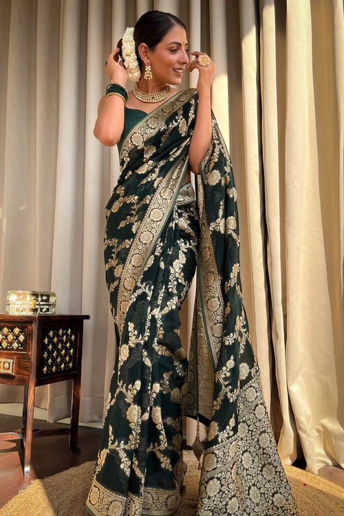 Load image into Gallery viewer, Ethnic Dark Green Soft Silk Saree With Unique Blouse Piece
