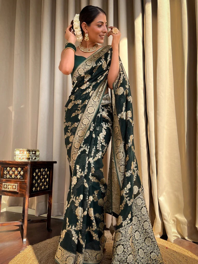 Ethnic Dark Green Soft Silk Saree With Unique Blouse Piece