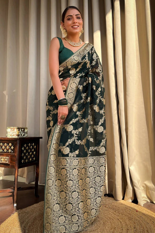 Load image into Gallery viewer, Ethnic Dark Green Soft Silk Saree With Unique Blouse Piece
