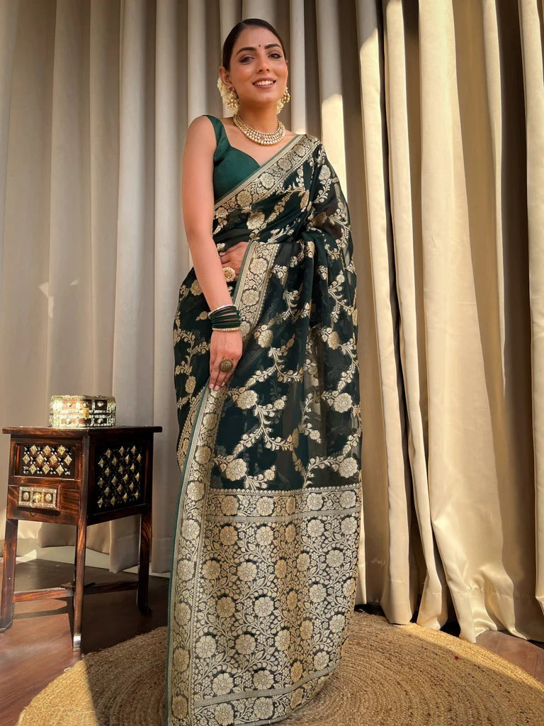 Ethnic Dark Green Soft Silk Saree With Unique Blouse Piece