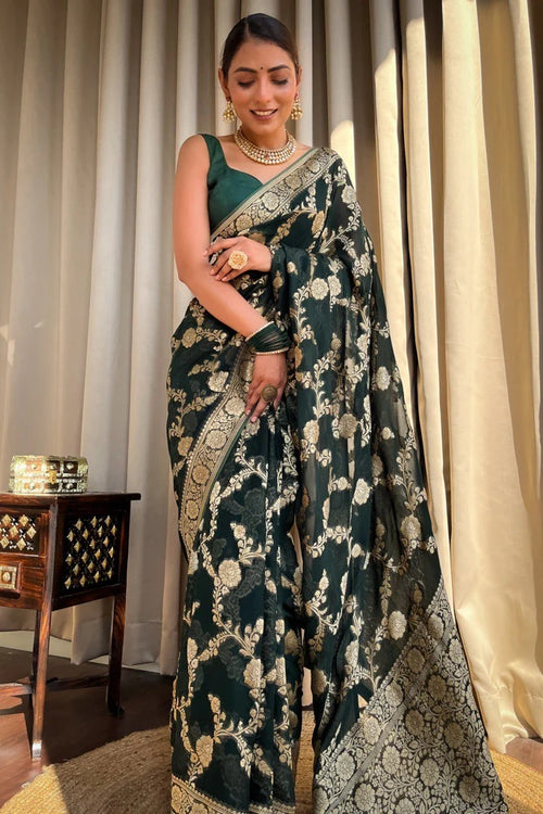 Load image into Gallery viewer, Ethnic Dark Green Soft Silk Saree With Unique Blouse Piece
