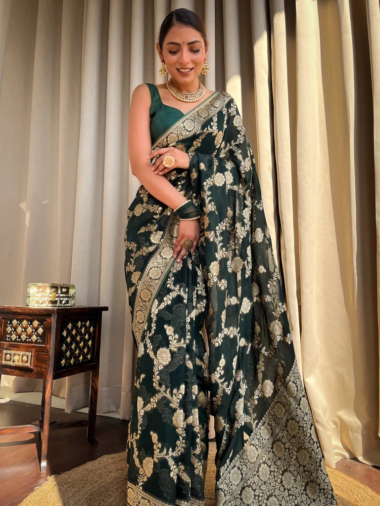 Ethnic Dark Green Soft Silk Saree With Unique Blouse Piece