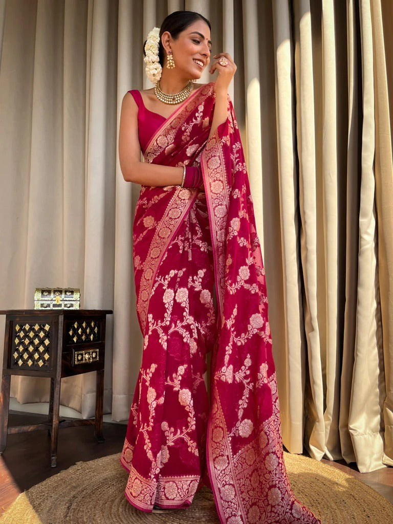 Flaunt Dark Pink Soft Silk Saree With Extraordinary Blouse Piece