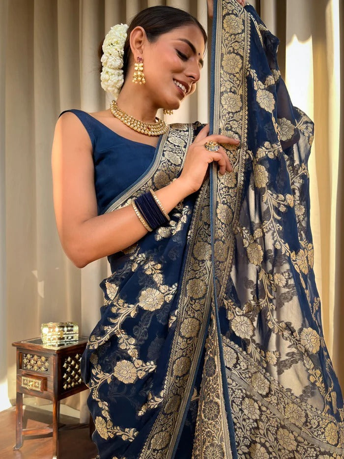 Classy Navy Blue Soft Silk Saree With Arresting Blouse Piece