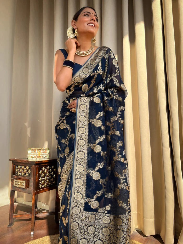 Classy Navy Blue Soft Silk Saree With Arresting Blouse Piece