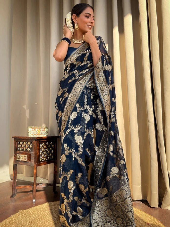 Classy Navy Blue Soft Silk Saree With Arresting Blouse Piece