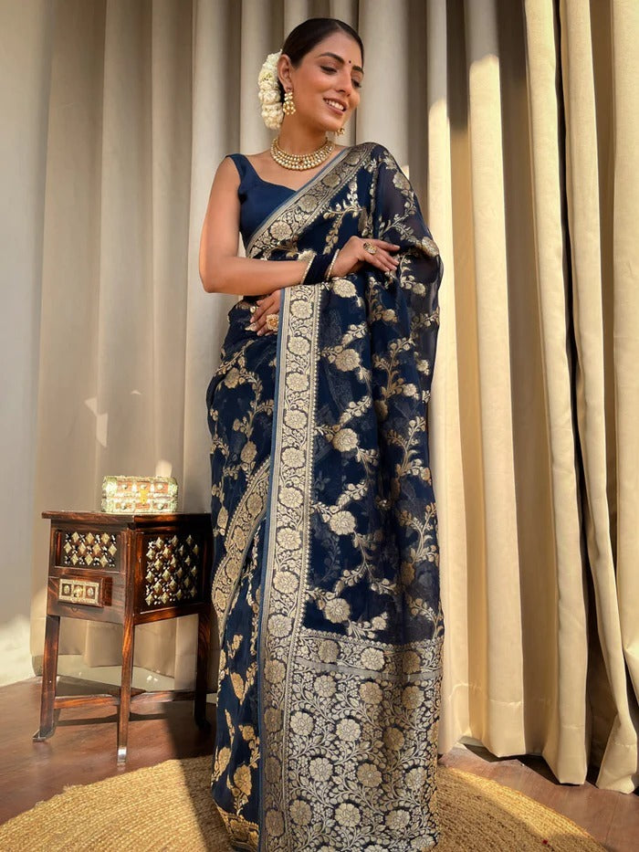 Classy Navy Blue Soft Silk Saree With Arresting Blouse Piece