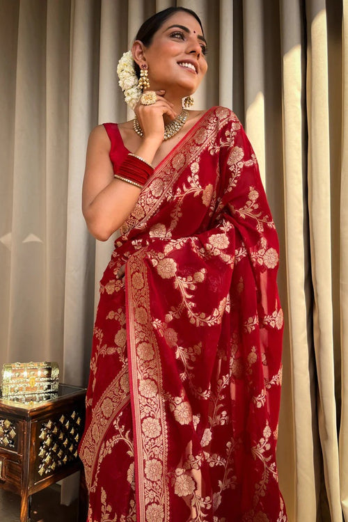 Load image into Gallery viewer, Desiring Red Soft Silk Saree With Exceptional Blouse Piece
