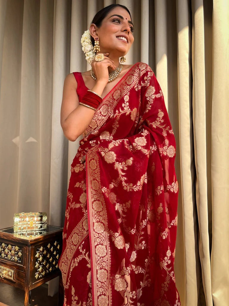 Desiring Red Soft Silk Saree With Exceptional Blouse Piece