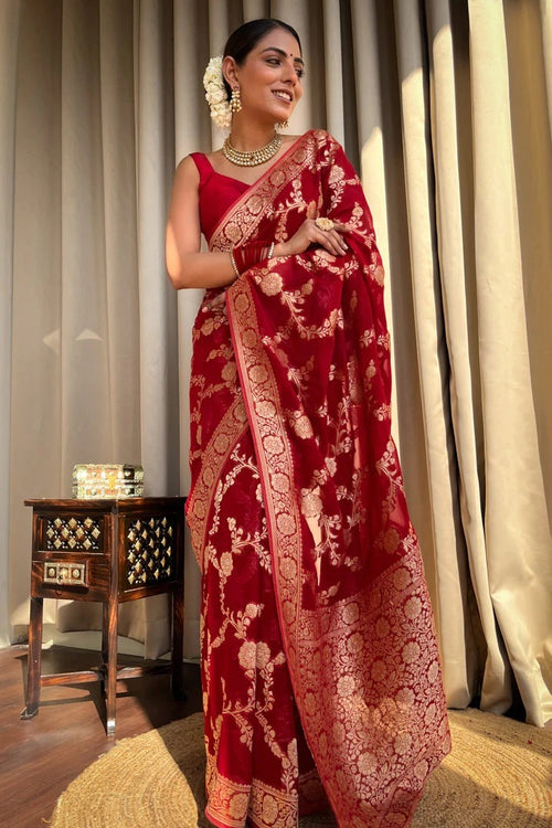 Load image into Gallery viewer, Desiring Red Soft Silk Saree With Exceptional Blouse Piece
