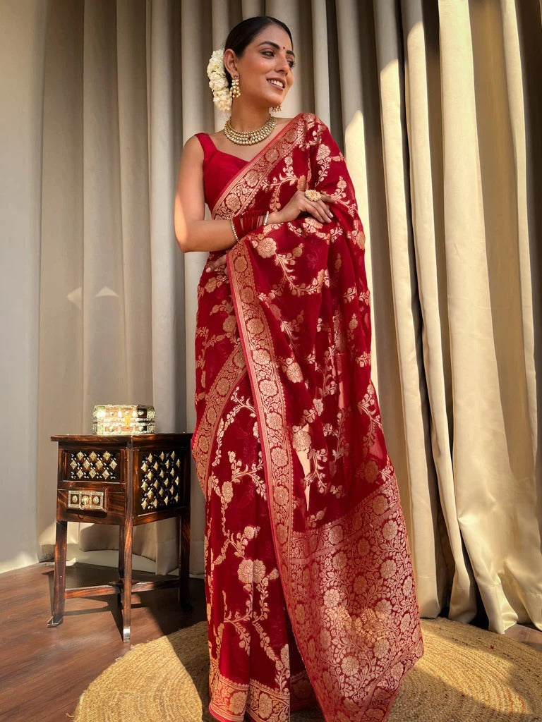 Desiring Red Soft Silk Saree With Exceptional Blouse Piece