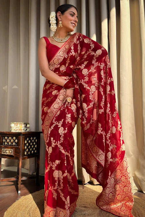 Load image into Gallery viewer, Desiring Red Soft Silk Saree With Exceptional Blouse Piece
