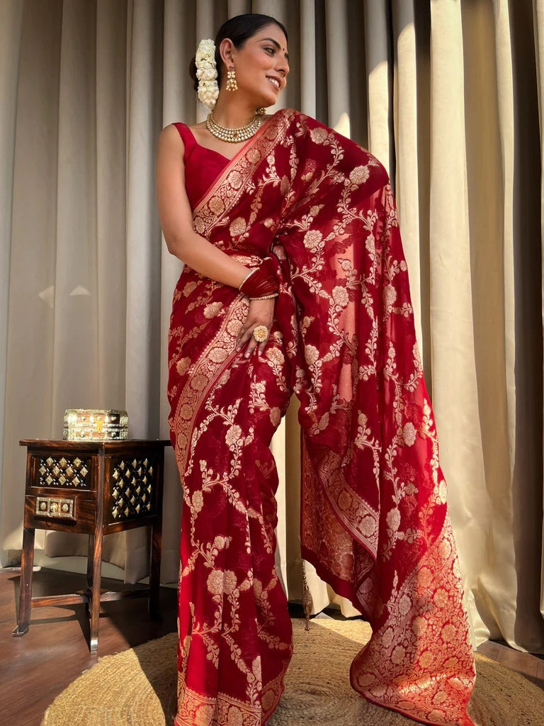 Desiring Red Soft Silk Saree With Exceptional Blouse Piece