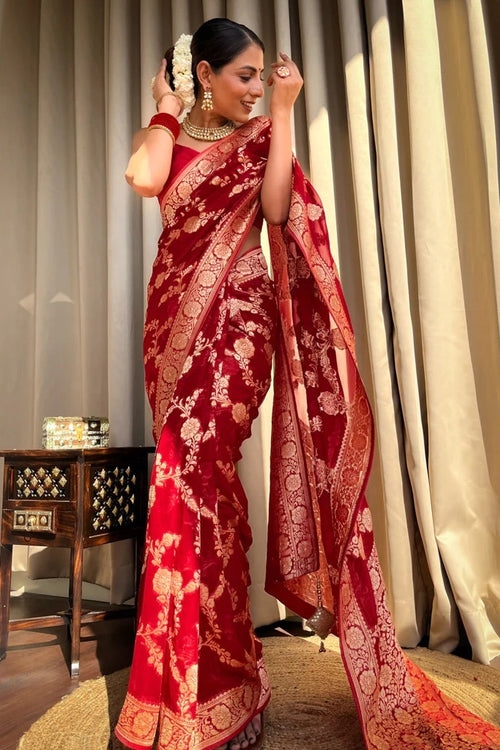 Load image into Gallery viewer, Desiring Red Soft Silk Saree With Exceptional Blouse Piece
