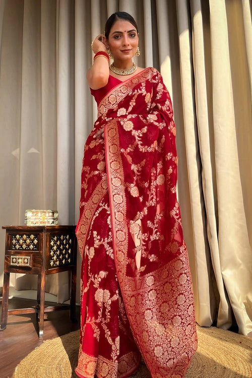 Load image into Gallery viewer, Desiring Red Soft Silk Saree With Exceptional Blouse Piece
