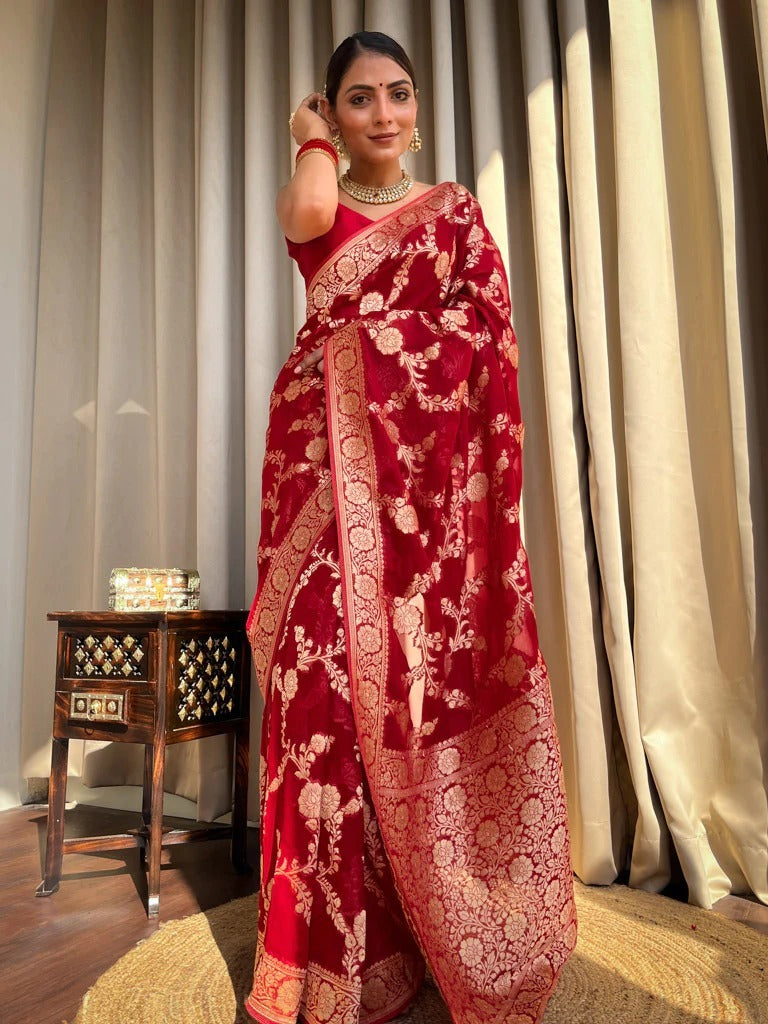 Desiring Red Soft Silk Saree With Exceptional Blouse Piece