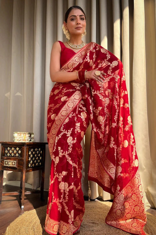 Load image into Gallery viewer, Desiring Red Soft Silk Saree With Exceptional Blouse Piece
