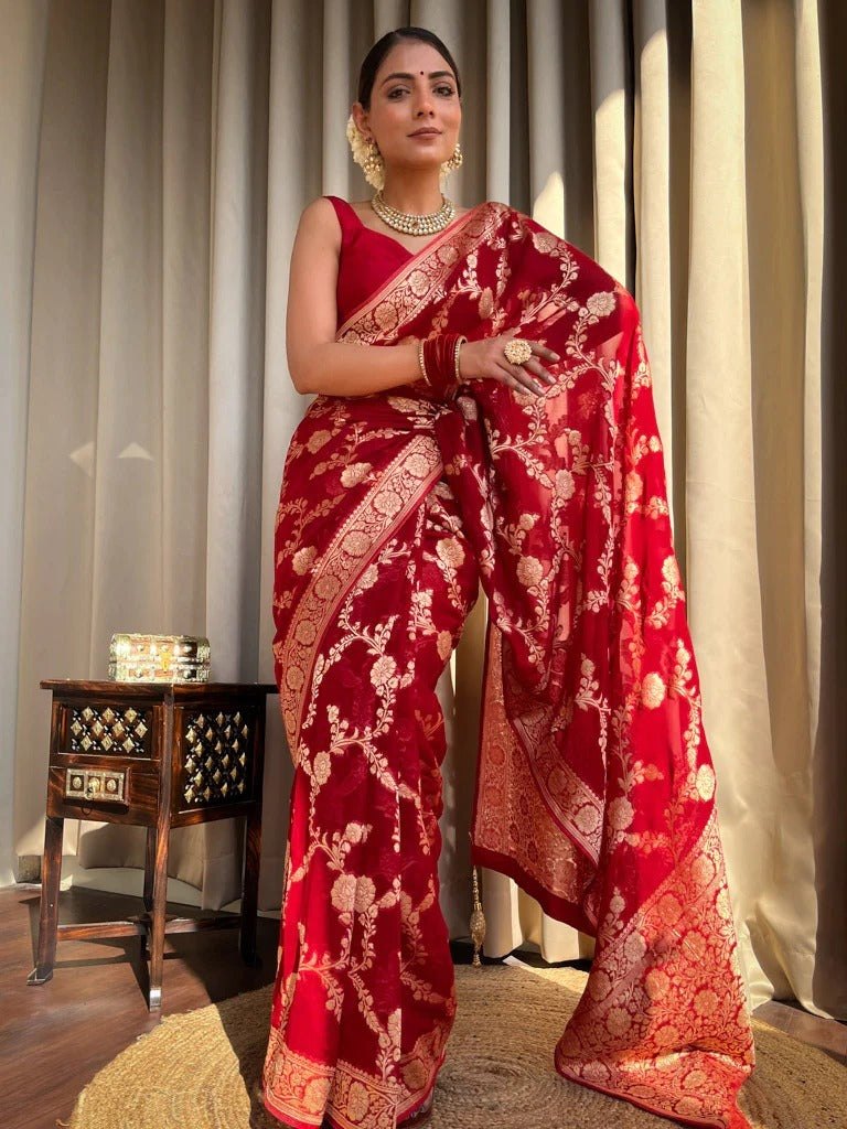 Desiring Red Soft Silk Saree With Exceptional Blouse Piece