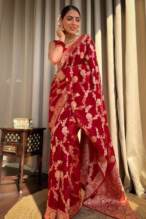 Load image into Gallery viewer, Desiring Red Soft Silk Saree With Exceptional Blouse Piece
