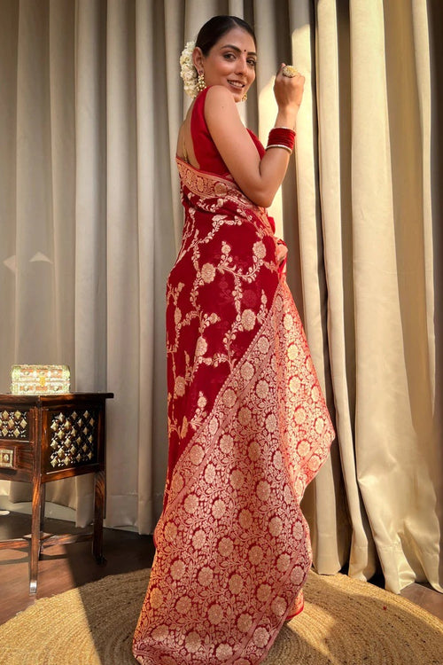 Load image into Gallery viewer, Desiring Red Soft Silk Saree With Exceptional Blouse Piece
