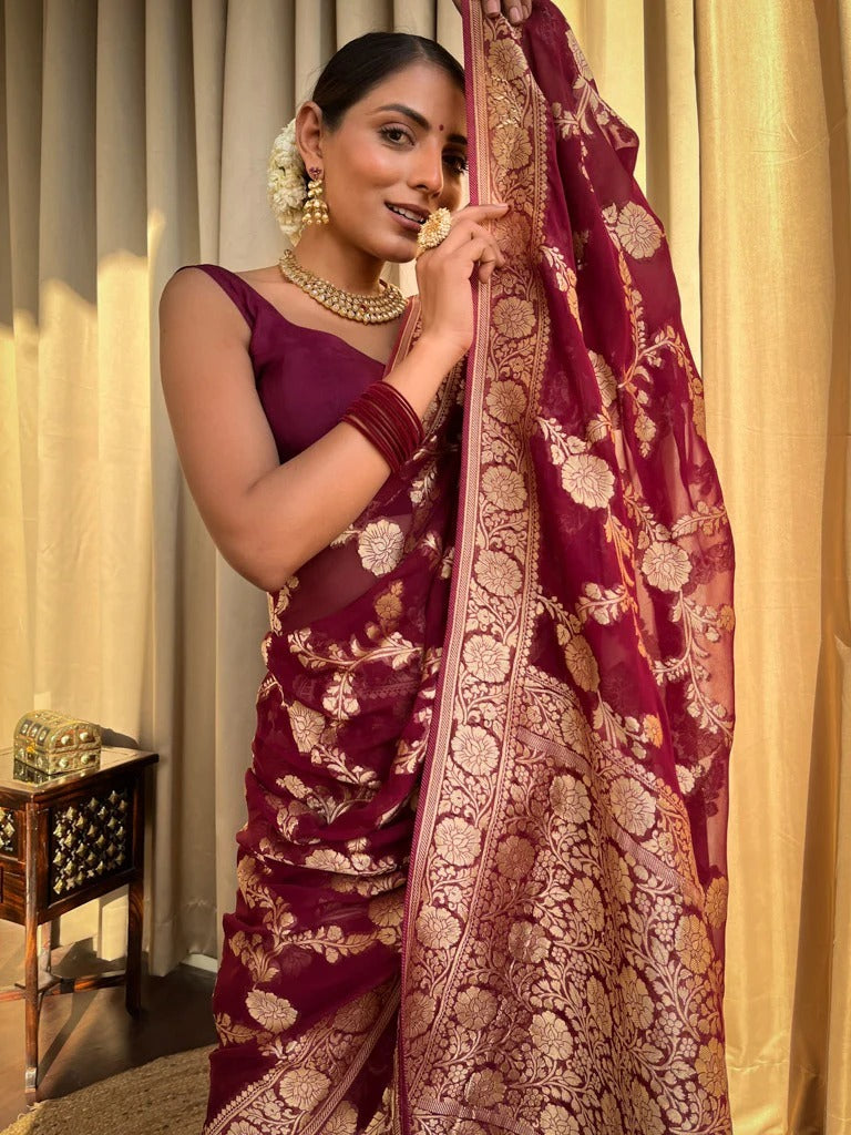 Inspiring Wine Soft Silk Saree With Beauteous Blouse Piece