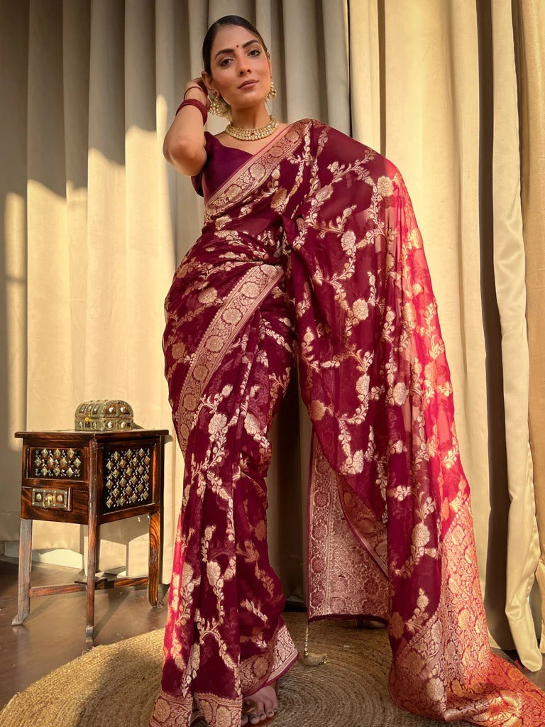 Inspiring Wine Soft Silk Saree With Beauteous Blouse Piece