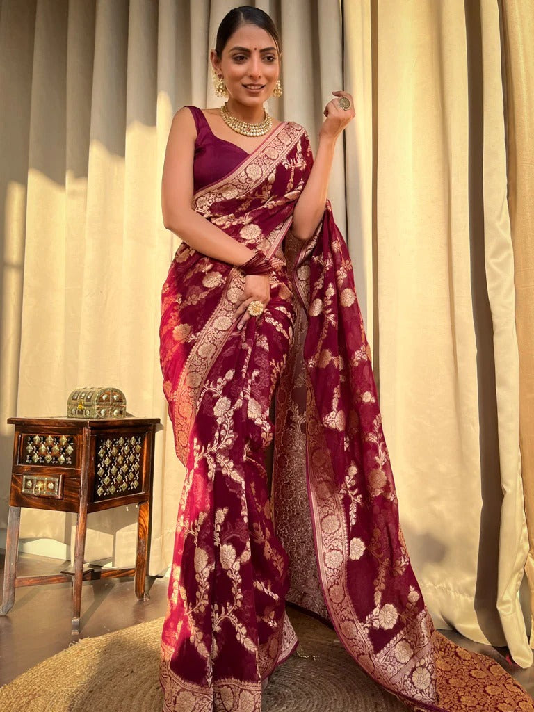 Inspiring Wine Soft Silk Saree With Beauteous Blouse Piece