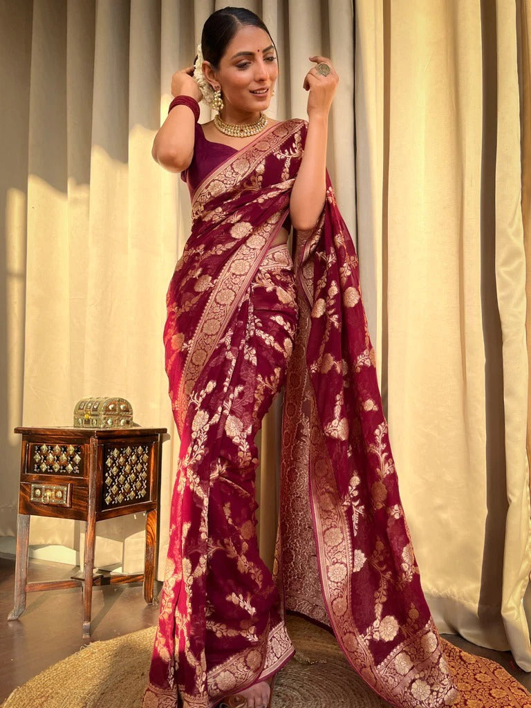 Inspiring Wine Soft Silk Saree With Beauteous Blouse Piece