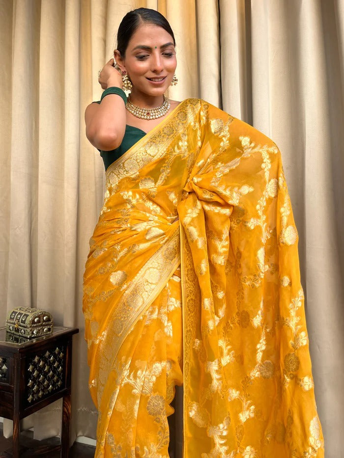 Desirable Yellow Soft Silk Saree With Super classy Blouse Piece